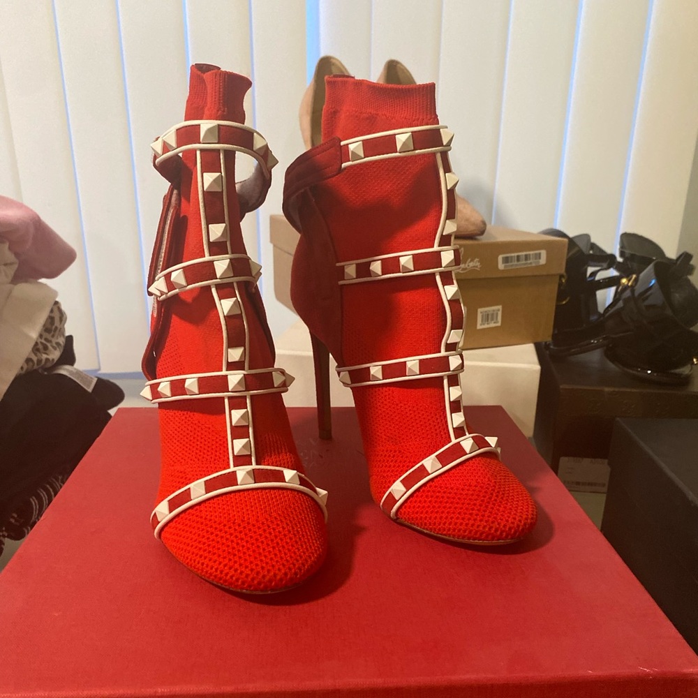 Valentino Garavani Red Rockstud Mesh Stiletto Ankle Boots